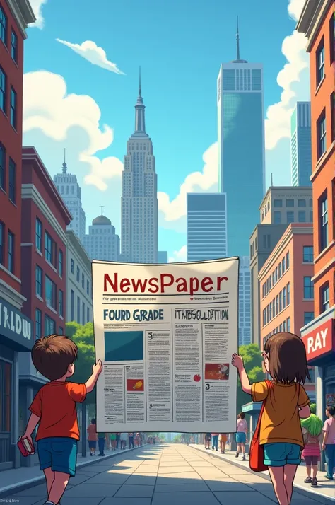 Create an image of a newspaper with a city background written on the screen fourth grade newspaper