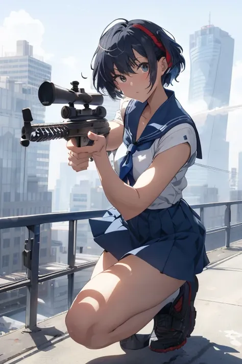 masterpiece,Best Quality,
Sailor Mercury, (((Assault rifle sights,1.8))) ,Cool gun,((shootingの構え,1.5)),A look of determination, Stylish sailor suit, Stylish blue short hair, Urban rooftop, ((smog, intense.1.5)),Strong winds,Dynamic Angle,Curly hair,Inner C...