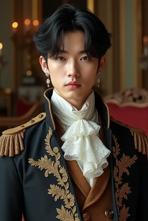 Hyun Jin de Stray Kids, with clothing inspired by aristocratic or noble European fashion from the 18th or 19th century, with influences from romantic and Victorian fashion