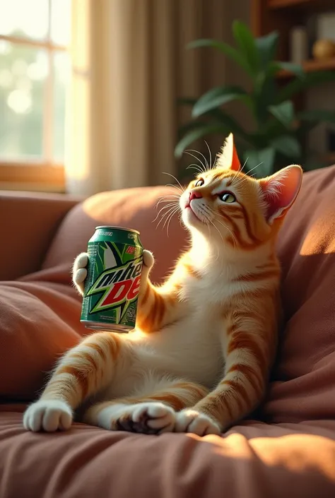 Write a prompt on cat in home and drinking mountain dew