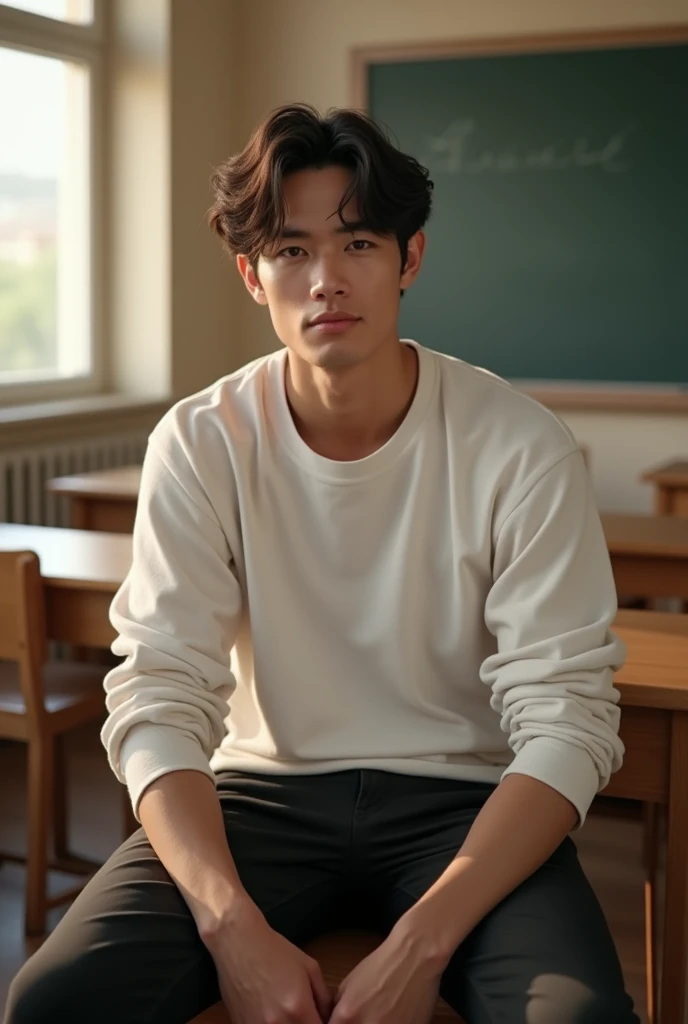 (photorealism:1.2), cute and hot man, sitting on classroom desk, wearing loose white full sleeves t-shirt, black trouser pants, wavy hair, in a classroom, soft lighting, desks and blackboard in background, window with sunlight, cozy room, relaxed pose, rea...