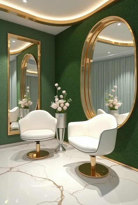 Professional 3d architecture rendering design of modern and minimal and high tech design for bridal small  barber salon with clams theme and 2 chairs similar pearls and 2 bot with beautiful flowers and modern green space and big crystal mirror with gold fr...