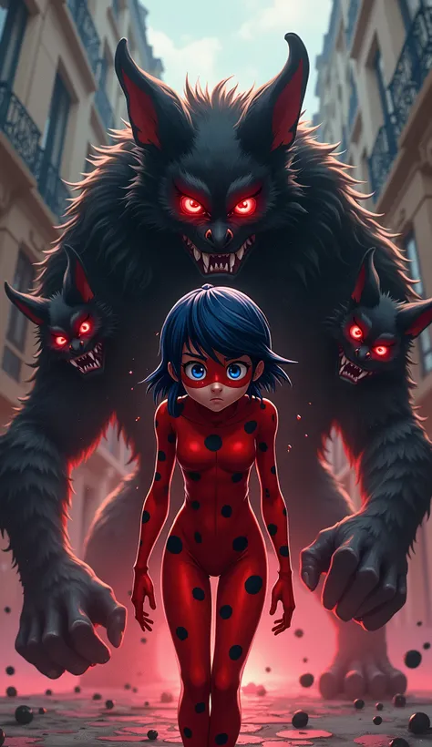 Anime art style, a breathtaking illustration showcasing Miraculous Ladybug engulfed in sheer terror as she undergoes a surreal transformation into the fierce three-headed dog known as Cerberus, each head displaying distinct emotions of panic, disbelief, an...