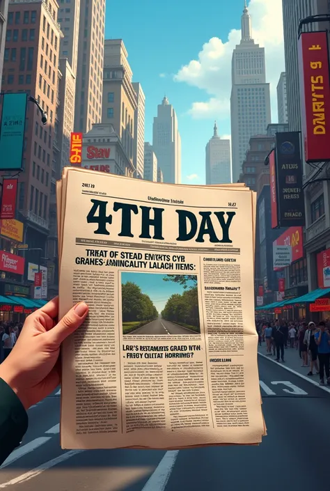 Create an image of a newspaper with a city background ,written in the newspaper of the 4th