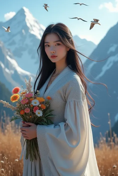 Kazakh beautiful girl with very long hair looking straight in weight height, Very beautiful mountains are visible from far away,birds are visible, very beautiful,holds very beautiful flowers