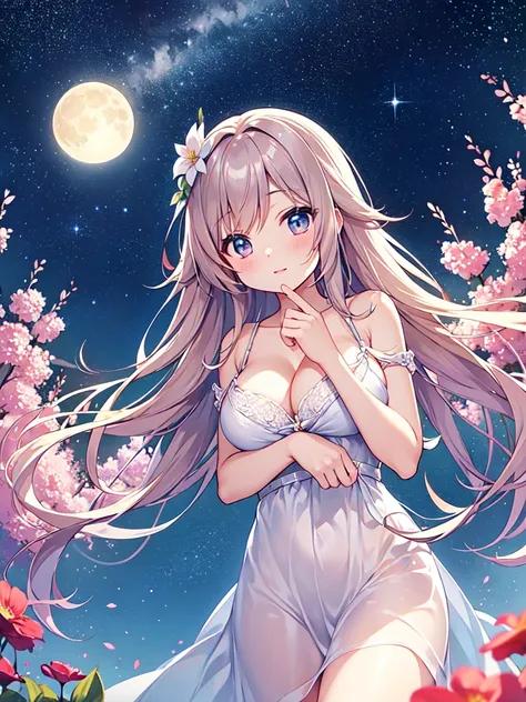 （masterpiece）、(Best Quality)、((Very detailed))、(Very delicate)、Beautiful shiny hair、Beautiful breasts、Gorgeous night dress、Cleavage、Looking up from below、Flower field at night、Wonderful starry sky、Fantastic Moon