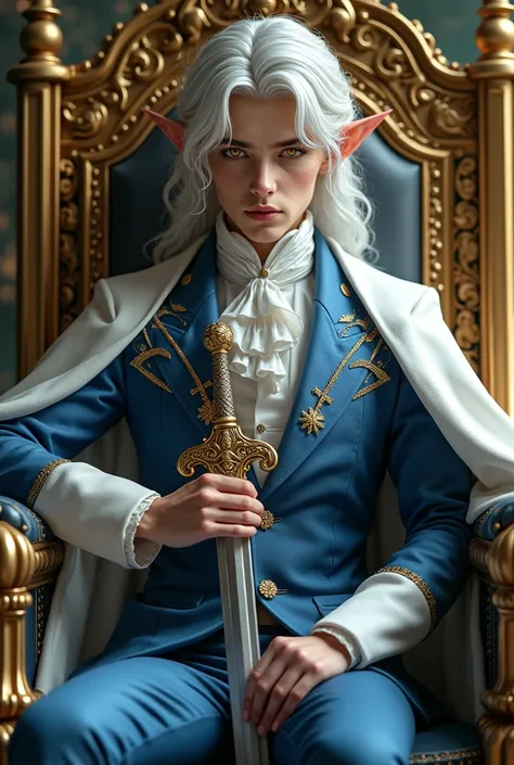 (photorealism:1.2), A very handsome young king like a celestial elf, of golden gaze, with silver hair and snow-white skin, He wears a blue and white Victorian-style suit, He sits on his golden throne, while holding a silver-colored sword