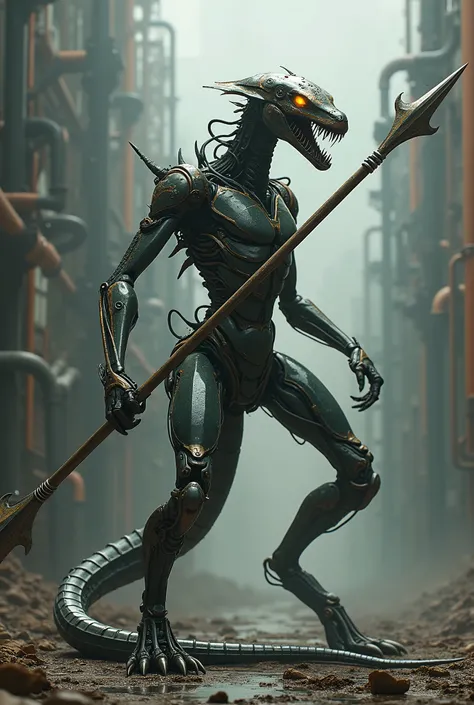 Draw a snake-like biomechanical creature armed with a double-ended spear 