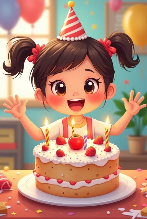 A cartoon birthday girl picture with a cake. And wishing Happy Birthday KFC in front of picture 