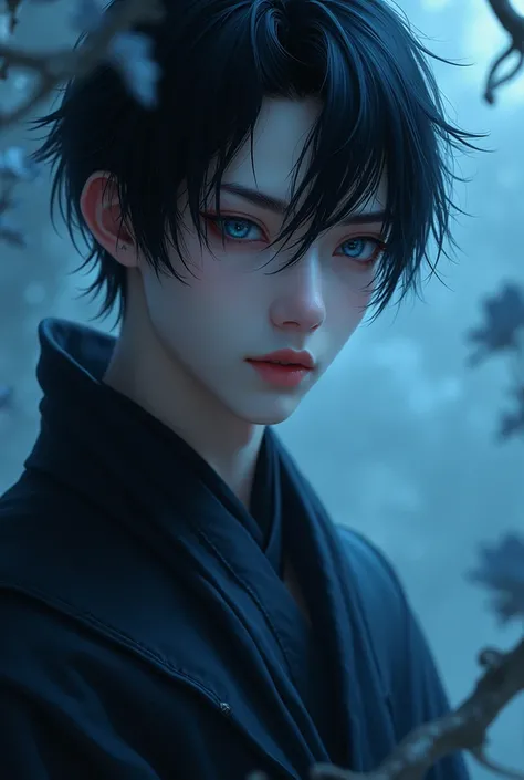 Race： Half demon hair color： Black Hairstyle： The bangs are parted in the center, slightly covering the eyes and showing the forehead.、The back is medium length and the eye color is outward lashed.：blue （In deep blue、Eyes that hide their emotions but seem ...