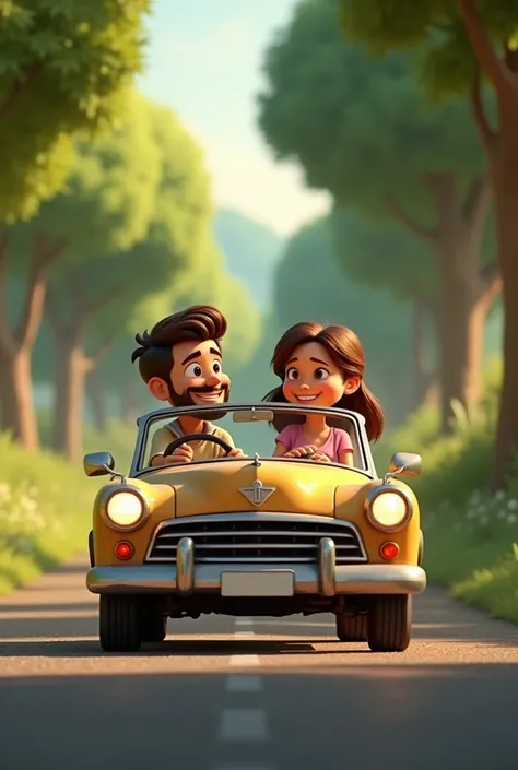 pixar disney drawing of "a man with straight brown hair, short beard, sitting in the driver&#39;s seat of his average car, sailing down the tree-lined road. next to him sits a young pregnant woman, with a very big belly.