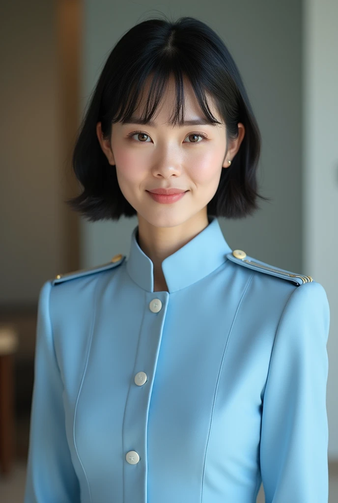 (Highest resolution clear_image) Best Quality, Single, One Woman, Alone, masterpiece, Very detailed, Semi-realistic, Black Short Hair, Black Hair, bangs, 1, Mature, light blue uniform, uniform, Indoor Background, kind, Authoritative, Powerful, Graceful fea...