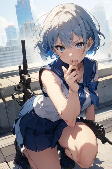 masterpiece,Best Quality,
Sailor Mercury, (((Assault rifle sights,1.8))) ,Cool gun,((shootingの構え,1.5)),A look of determination, Stylish sailor suit, Stylish blue short hair, Gradient hair color,Urban rooftop, ((smog, intense.1.5)),Strong winds,Dynamic Angl...