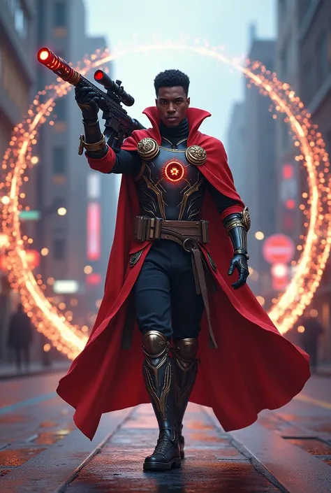 Create a scene based on the pure Sniper game, In the center of the street, a dark-skinned Marvel superhero-style sniper of medium build with a robotic Doctor Stranger suit mixed with Knight of the Zodiac armor, his face uncovered, energy plasma rifle comin...