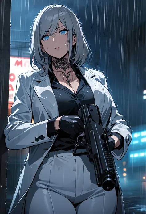 hands one, alone, female, mature, mafia, black shirt, white pants, black gloves, white coat, medium hair, gray hair, bright blue...