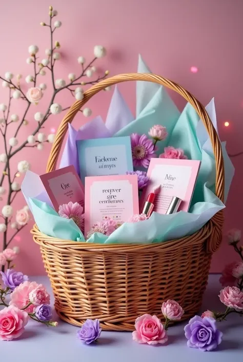 Create an image of a wicker basket filled with gift cards from a cosmetics store. The basket should be decorated with tissue paper in pastel colors. (rosa, lavender and mint). Includes mini bottles of nail polish and lipstick scattered around the cards. Ad...