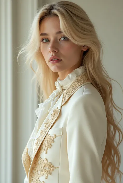 hyun jin from stray kids with long blonde hair, with a light suit inspired by the European nobility of the 18th or 19th century, with influences from romantic and Victorian fashion