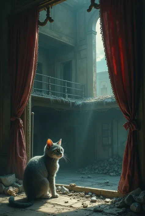 Once a grand stage for performances, the ruined theater now stands abandoned, except for the human-cat who hides in its shadows. Her gray fur blends with the dusty curtains. The locals tell ghost stories about her, and whenever she dares to peek out from t...