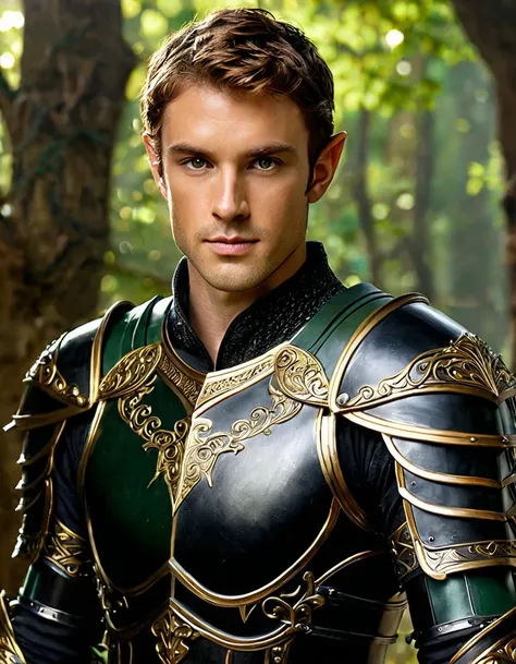 Handsome Male Elven knight, age 30, highly detailed black plated armor, armor has exquisite gold details and embellishments, armor is molded to muscular physique, short messy brown Hair elegantly styled, trimmed half-beard, green eyes, visible face, handso...