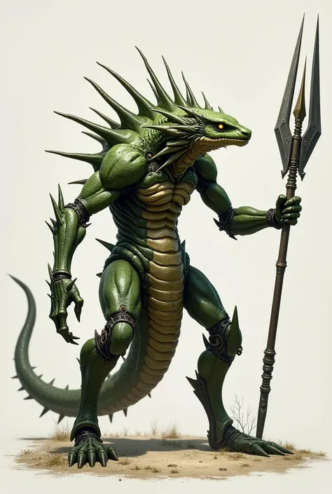 Draw a green, slightly humped, snake-like biomechanical creature with large spikes on the ridge of its back, armed with a double-sided spear.  