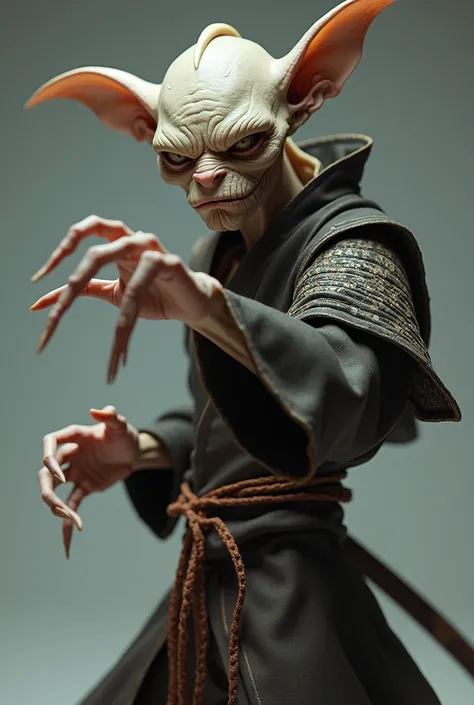 Creepy  skinny Elf  in samurai outfit,, 3d render.looking at the viewer,fighting pose,high detail