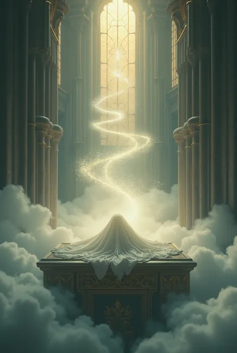 An ethereal figure lies shrouded on a grand, ornate platform in a vast sea of clouds, with tendrils of luminous energy spiraling upwards, merging with the mist. In the background, a cathedral window casts a warm golden glow, enhancing the mystical atmosphe...