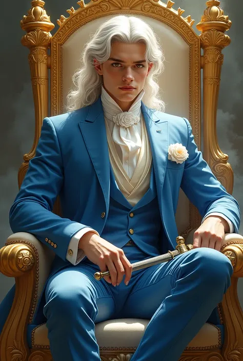 (photo majicMIX realist. ), A very handsome young king like a heavenly angel, of golden gaze, with silver hair and snow-white skin, He wears a blue and white Victorian-style suit, He sits on his golden throne, while holding a silver-colored sword