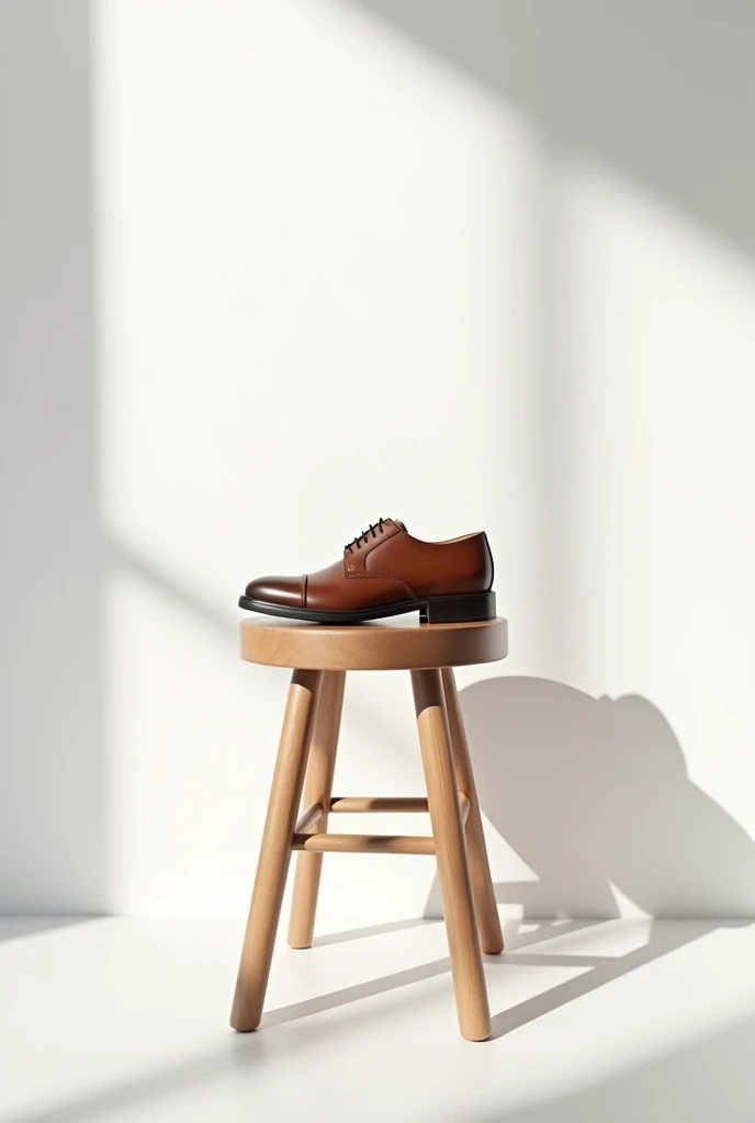 White wall background with wooden stool in the front with a leather shoe on it 