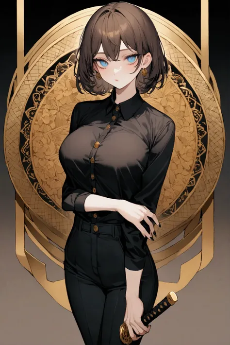 Catherine is a girl () with long brown hair, she wears a long-sleeved long-collared shirt, the sleeves are above the elbows, the shirt is buttoned, navy blue and has a gold button, she also has black sleeves on her arms, the sleeves have no fingers, she we...