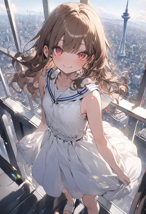 A girl with long brown hair (1), red eyes, smiling, wearing a white sailor dress (1) and sandals, is striking a model pose in front of the Tokyo Skytree. The scene captures her standing confidently with the towering structure in the background, blending he...