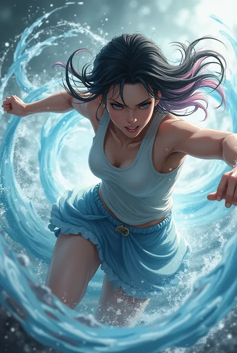 Masterpiece, best quality, (dynamic pose:0.5), Absurdres, 1girl,  fighting pose, punch water, (attacking with water:1.5) wet clothes, wet hair, wet face, water behind a person, multicolored hair, (wind:1.4)