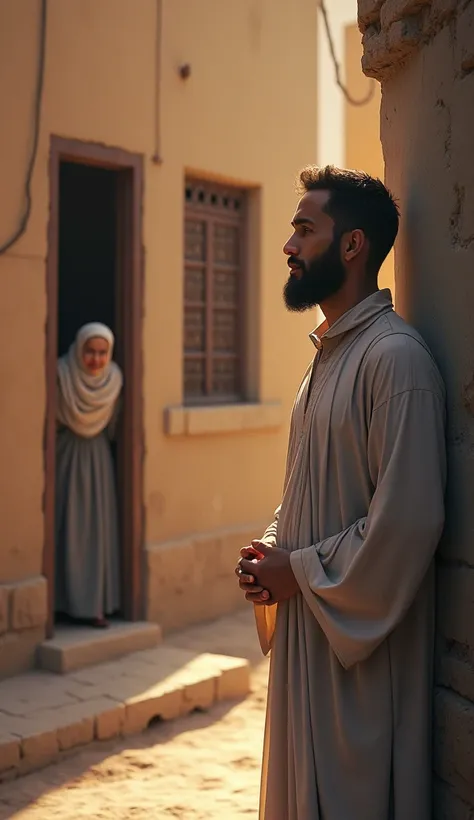 A peaceful and thoughtful thumbnail featuring Nabi Muhammad ﷺ standing calmly in a simple street setting of Makkah. In the background, an elderly woman peeks out from her door, showing surprise on her face. The soft, warm colors reflect a serene atmosphere...