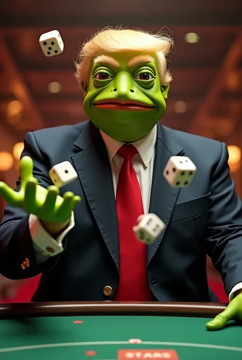 Meme Pepe the Frog as Donald Trump, dice thrower. Pepe has Trump&#39;s signature hairstyle, suit with red tie, and he throws 2 dice with one hand on the casino gaming table
