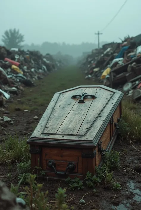 wooden coffin in a garbage dump