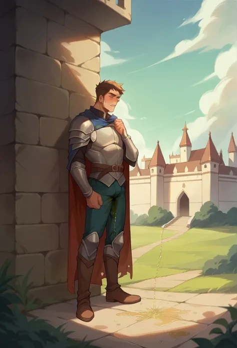 20 years old slender and mascular knight, in the castle. He is peeing himself in the train. He couldnt hold his pee. There is a large pee wet spot on his crotch. Pee stain on his pants. Pee wet spot on his crotch. He is ashamed of peeing himself.