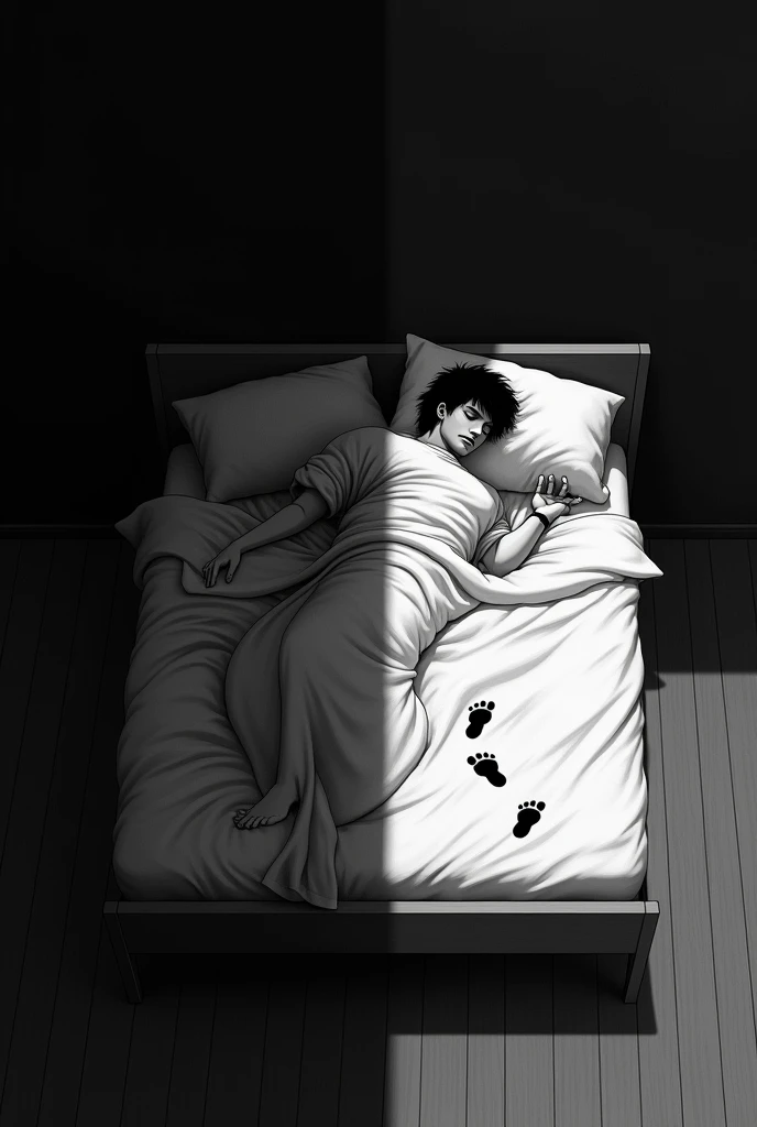 Horizontal black background, Split in half.
On the left side I want black and white, a bed with a man sleeping and on the right side the same bed but empty, with footprints on the ground 