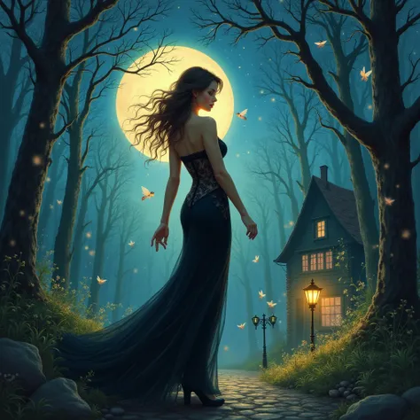 {blue and white theme, fantasy world}, 1 sexy girl, alone, alone, black lace dress, looking back, walking in the forest, house, tree, street lamp, moon, starry sky, bright, star(symbol ), pixie, pixiv art, masterpiece, best quality, ultra detailed, whiteto...