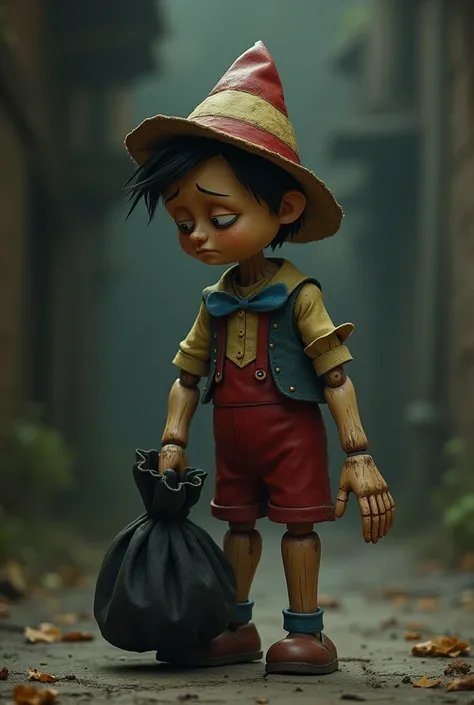 Pinocchio leaving sadly, with a black bag in her hand 