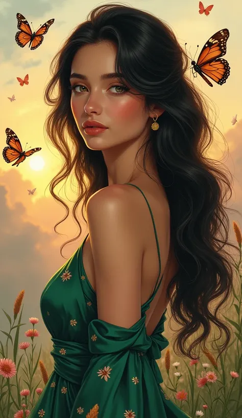 Elegant portrait of Maëva Abrial, captivating beauty radiating sophistication and warmth, almond-shaped hazel eyes sparkling with mystery and intelligence, long silky dark hair cascading around her shoulders, each strand illuminated by soft golden highligh...