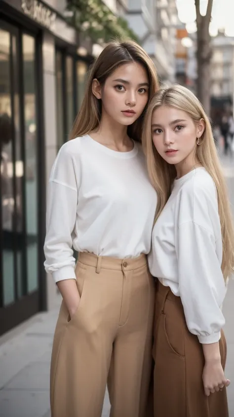 (((hd closeup photo))),((best quality)), ((masterpiece)), (detailedthree)) perfect face, very young white girl, blonde long hair,multiple poses, skin tone pantyhosea couple of women walking down a street next to each otherwomen in white pants and a striped...