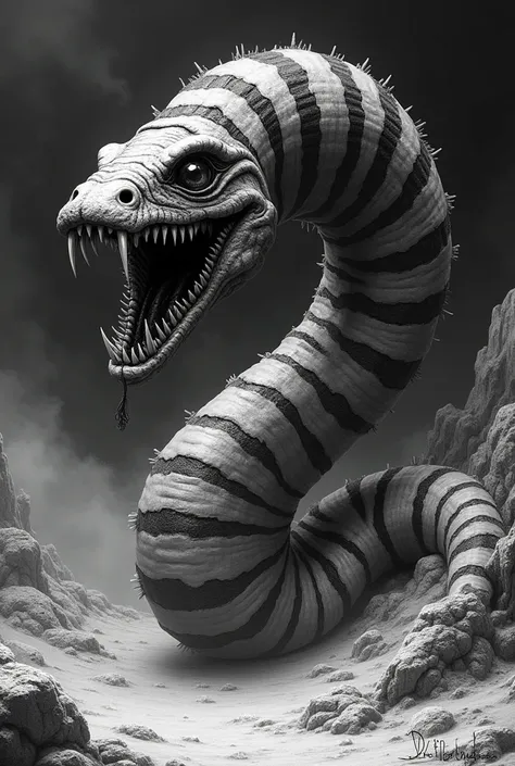  From the movie beetlejuice I want a bisarrade image of the sand snake or black and white striped sandworm 
