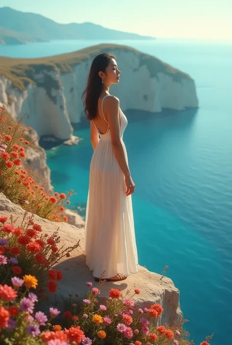 Ultra realistic 8k image of a woman on top of a cliff full of flowers under the rays of the afternoon sun in the background the blue sea 