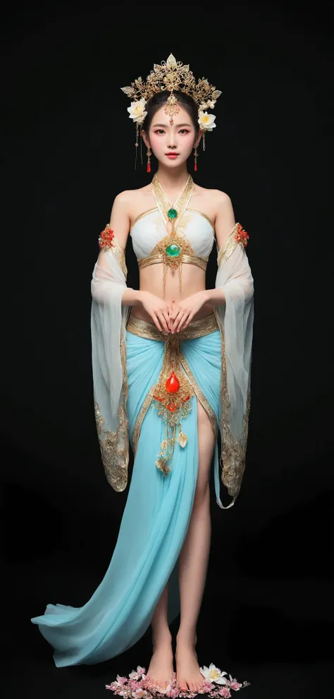 Beautiful woman dancing leisurely，The body is entwined with flowers and green leaves，bail_particle,光particle花朵，全由光particle组成的衣饰，Cross-legged lotus position,Sit on the lotus seat，A girl made of particle,The density of Metal Wire at the finger part is high,b...