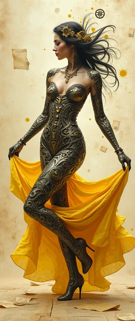 woman with thick hair, dance of a fantasy world, salsa dancer, made up of typography elements, gear, typefaces, letters, create me a beautiful woman, made of typographic characters, and old pieces of printing machines, in a fairy-tale atmospherenumbers, ol...