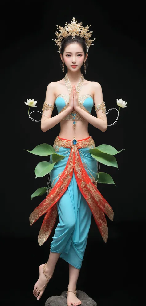 Beautiful woman dancing leisurely，The body is entwined with flowers and green leaves，bail_particle,光particle花朵，全由光particle组成的衣饰，Cross-legged lotus position,Sit on the lotus seat，A girl made of particle,The density of Metal Wire at the finger part is high,b...