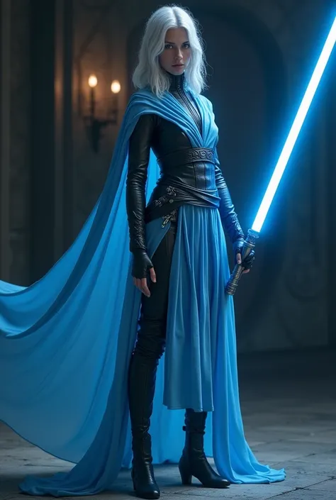 Jedi girl with silver eyes, white shoulder length hair, anthracite black leather, dressed in a translucent blue toga, holds a blue lightsaber in his lowered hand.