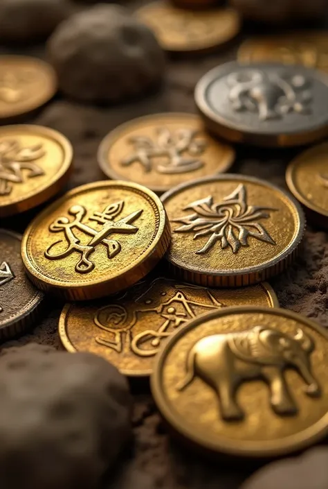 A close-up of ancient coins minted in the Kingdom of Axum, with symbols of royalty and elephants. These coins, made of gold and silver, are shown being used in trade for valuable goods like ivory and gold, representing the economic power of Axum.