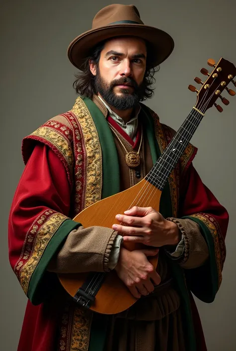 Bard in fine robes of artist and singer, roxas, red and brown (when it is leather). He wears a hat and a green one on his head and carries a lute and a triangle.. He has a thick beard, but very well trimmed. Their instruments are extremely well crafted., p...