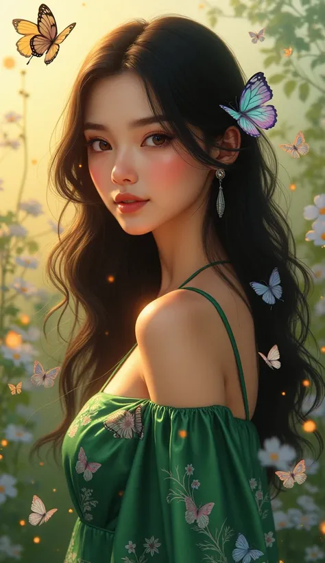 Elegant portrait of Maëva Abrial, captivating beauty radiating sophistication and warmth, almond-shaped hazel eyes sparkling with mystery and intelligence, long silky dark hair cascading around her shoulders, each strand illuminated by soft golden highligh...