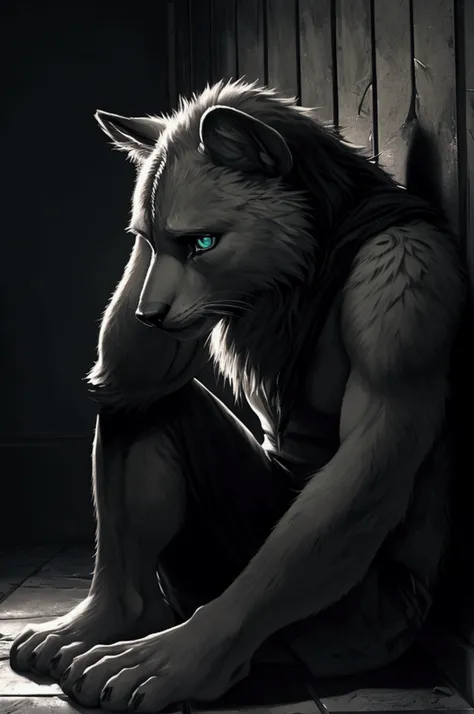 a sad furry male, sitting on the ground, detailed facial features, beautiful eyes, extremely detailed, photorealistic, 8k, highres, masterpiece, cinematic lighting, melancholic atmosphere, moody colors, dramatic shadows